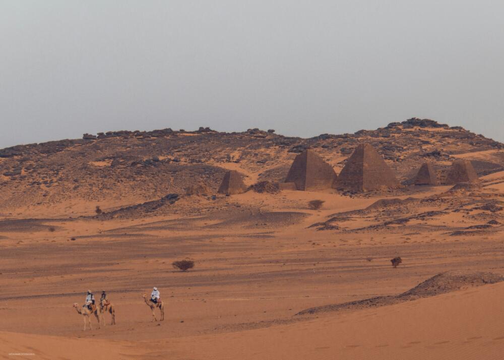 a group of people riding camels across a desert