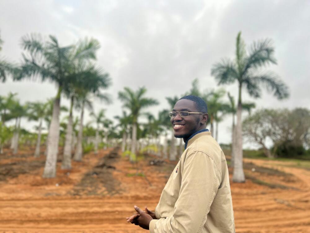 A smiling man stands among palm trees.